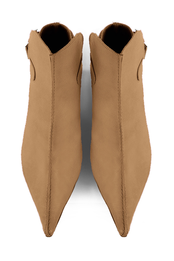 Camel beige women's ankle boots with buckles at the back. Pointed toe. High spool heels. Top view - Florence KOOIJMAN